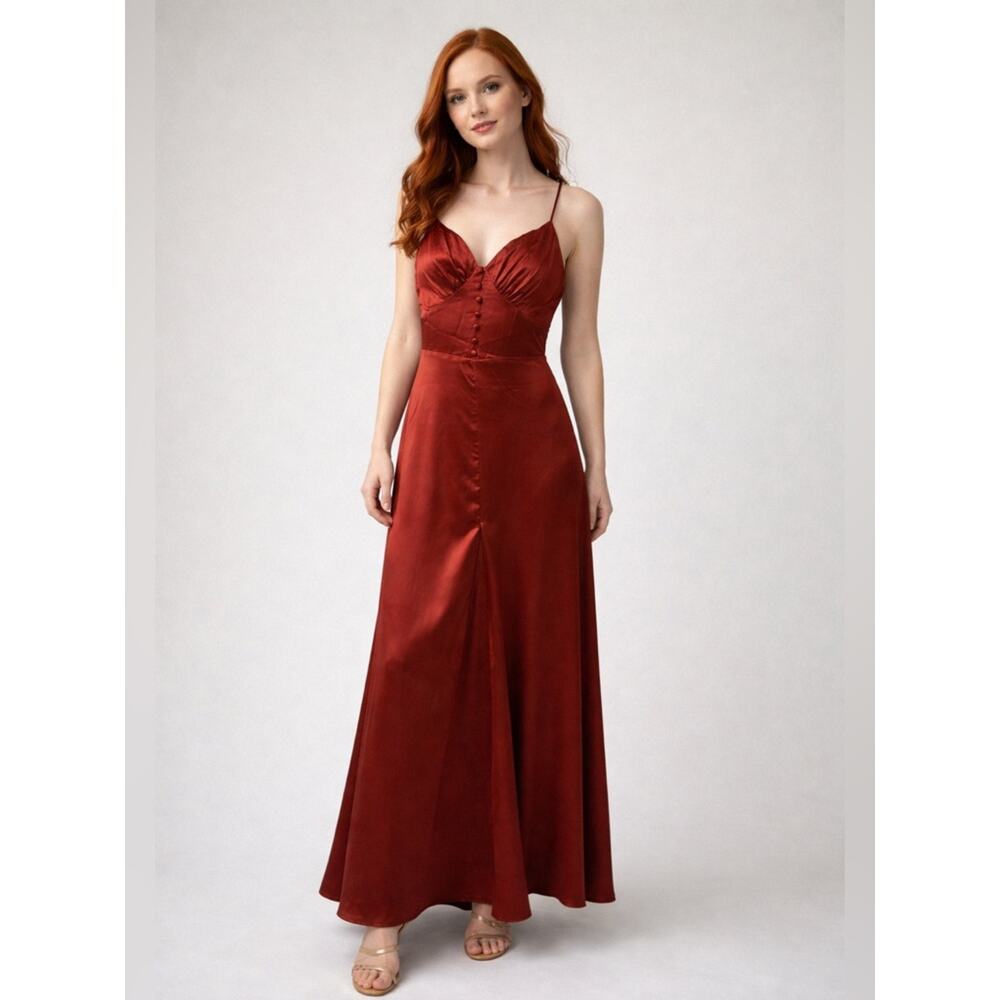 Lulus Rust Orange Satin Pleated Maxi Dress Formal Evening Homecoming Size L